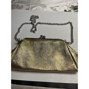 Uno Alla Volta Gold Shimmering Kisslock Chain Strap Clutch Shoulder Bag Purse